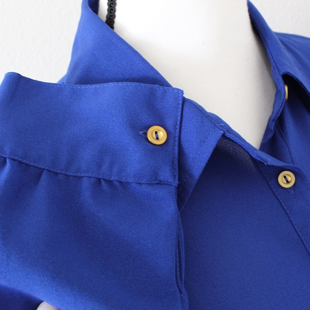 Royal Blue Sheer Panel Split Tail Button Down Shi… - image 5